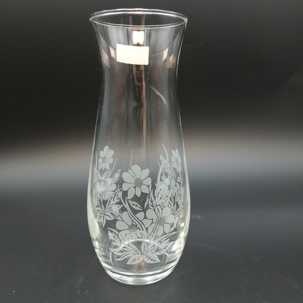 Vintage Pasabahce Etched Glass Daisy Vase Turkey Frosted Floral Bud Vase 7"